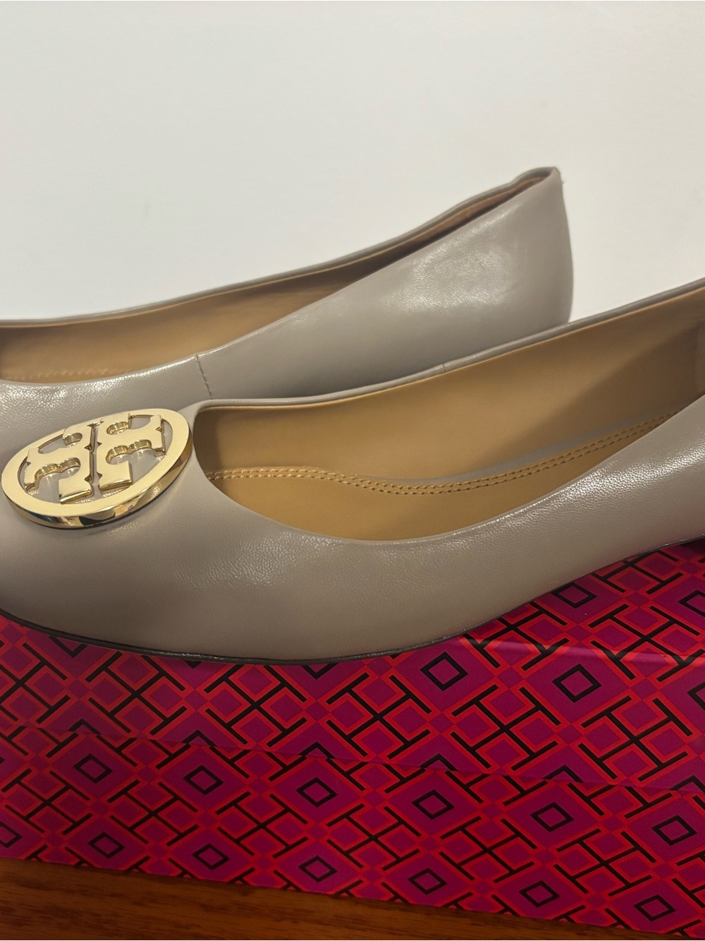 Tory Burch Taupe Leather Logo Ballet Flats with Gold Emblem